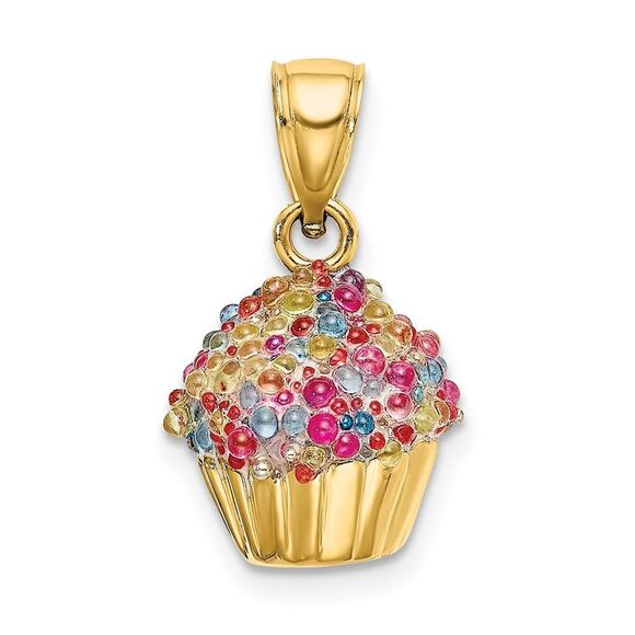 14k Yellow Gold 3D Bead Icing Cupcake Pendant - Picture 3 of 6